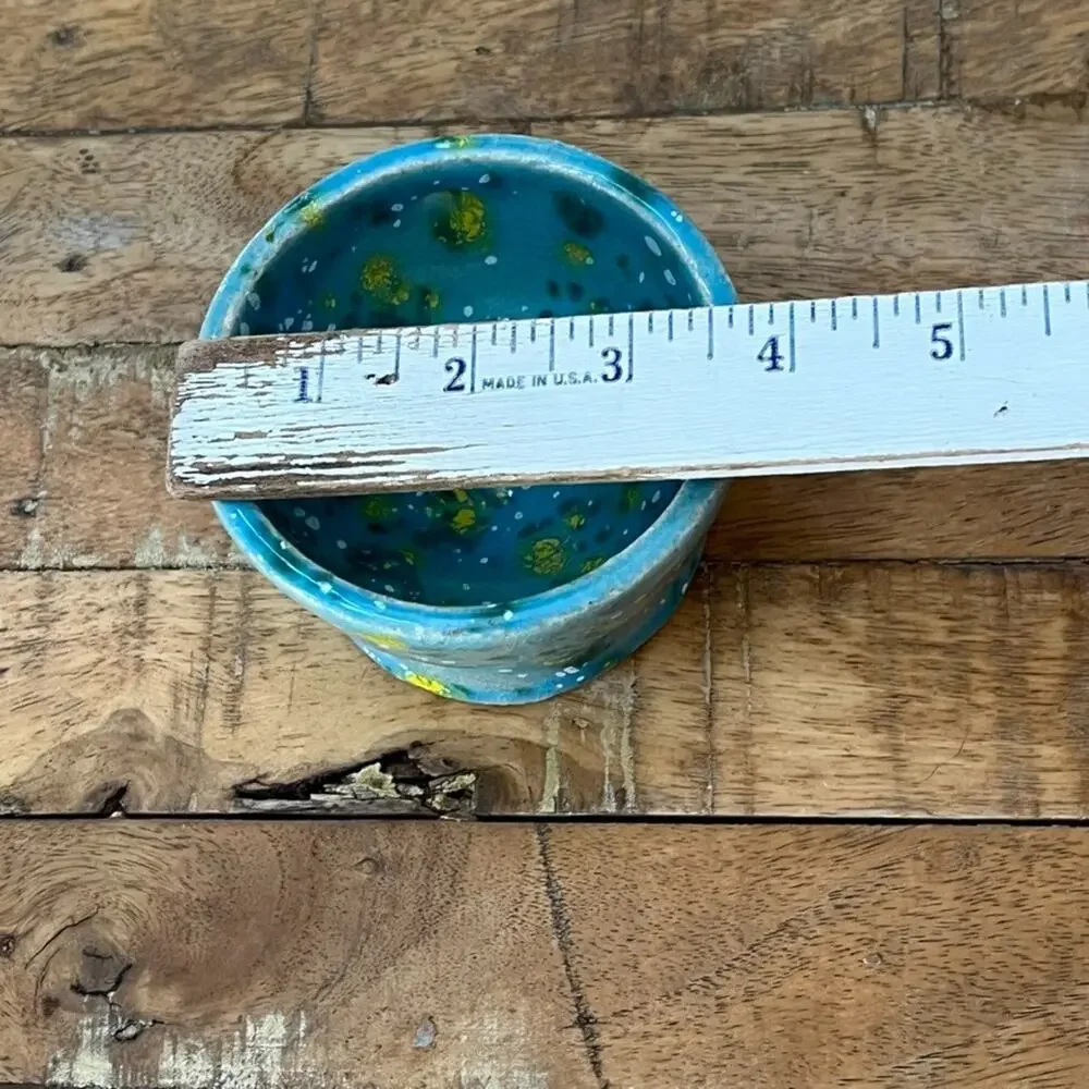 Handmade Clay Pottery Bowl Blue Yellow Speckled Crackle Glaze Artist Signed